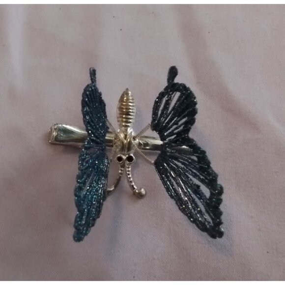 Vintage Silver Tone & Blue Butterfly Hair Clip Barrette - Picture 5 of 6